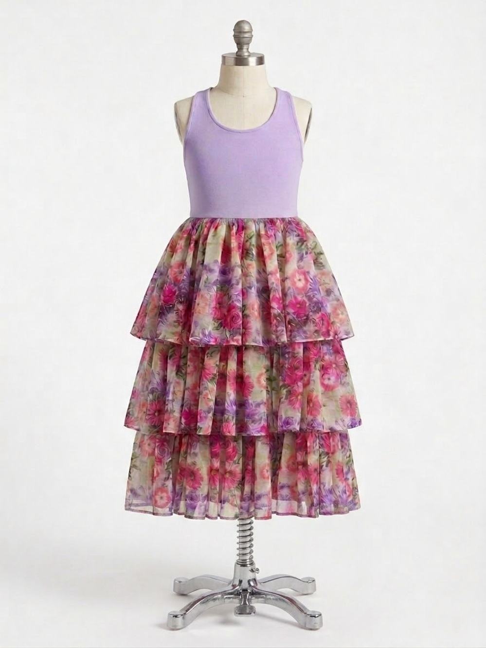 Girl's purple vintage floral tea party fairycore Ruffle maxi dress
